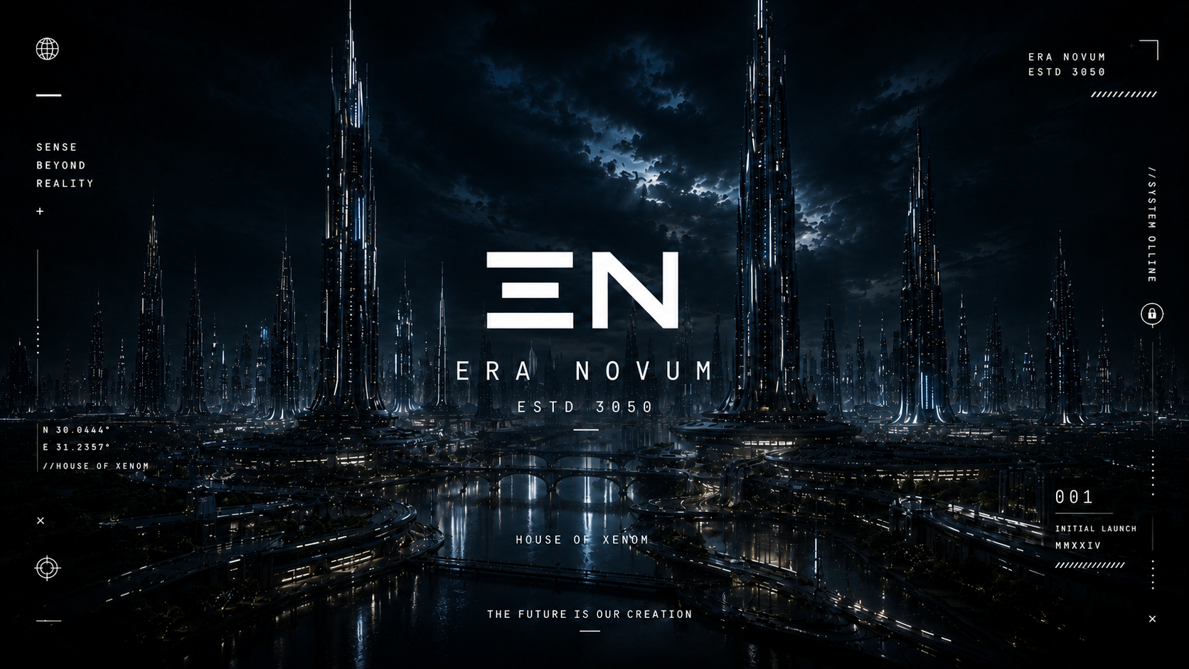 Futuristic cityscape with 'Era Novum' logo and text